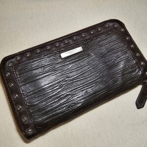 Authentic Burberry Brown Textured Leather Silver Studded Continental Wallet